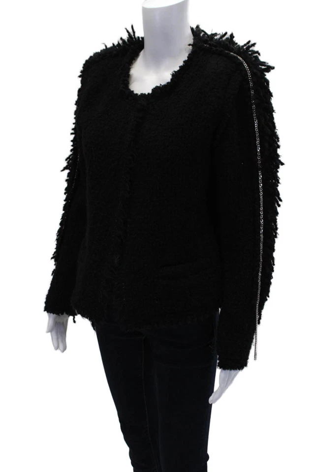 IRO женщин бахрома края текстурированная цепочка деталь длинным рукавом куртка черный размер 40 - Изображение 3 из 4