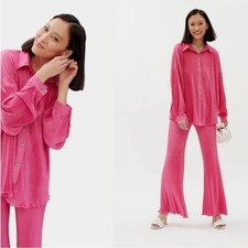 SLEEPER Pajama SET Origami Pleated Button Down Top  Wide Leg Pants in Hot Pink