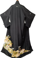 Vintage Japanese Kurotomesode Kimono Silk Gold Embroidery Crane Wave 0051