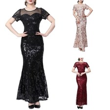 Elegant Sequins Embellished Short Sleeve Mesh Fishtail Long Dress Formal Gown
