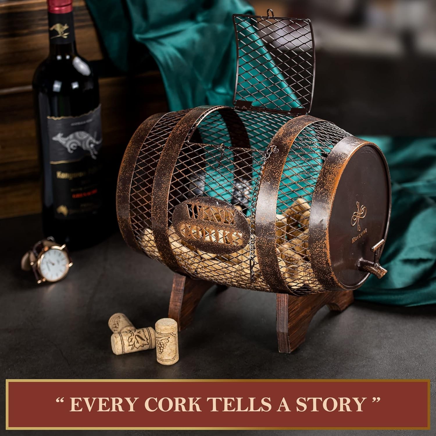 Rustic Metal Large Barrel Wine Cork Holder Display On Wooden Stand, Container fo