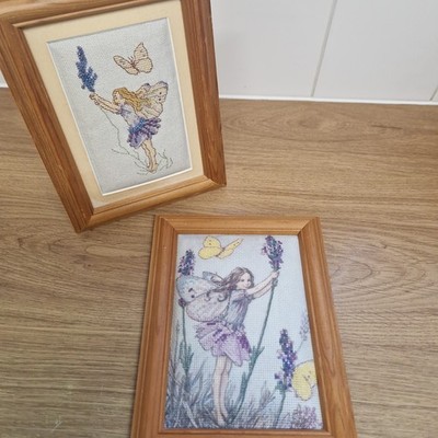2x Nadelspitze Fee gerahmte Kunststickerei, Kreuzstich Wandbehang