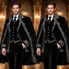 Black Velvet Men Suit with Cape Silver Applique Wedding Evening Party Prom 3pcs
