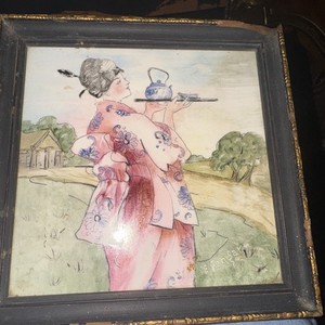 Antique AET Co Art Tile Framed 6x6 Hand Painted Japonisme Art Nouveau Woman Tea