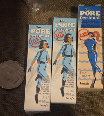 3x BENEFIT The Porefessional Lite Primer/Hydrate Mini Travel Size .1 oz / 3ml