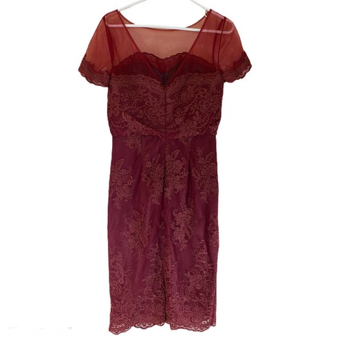 J S Collections Dress Red Burgundy Lace Illusion Short Sleeve Size 2 NWT - Picture 2 of 12