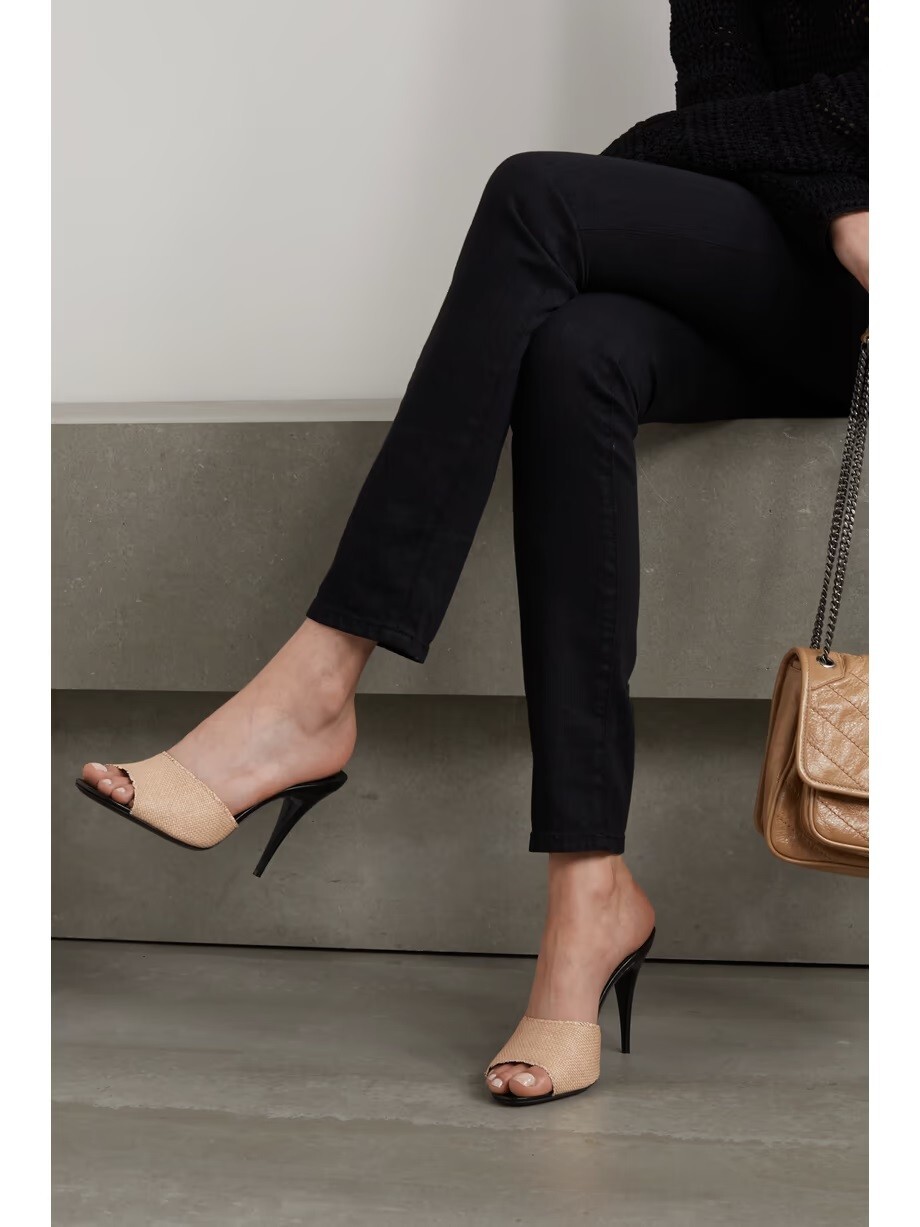 $825 Saint Laurent decolte donna La 16 rafia stiletto mules cammello 40 5 10 5 nuove con etichette