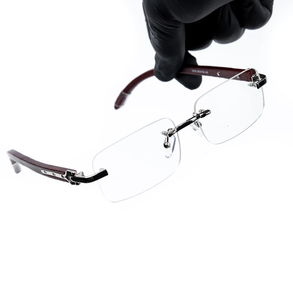 Vintage Men's Clear Tint Rimless Woodgrain Silver Frame Retro Hip Hop Glasses  - Image 2 of 4