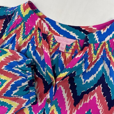 Lilly Pulitzer Women's XS Silk Multicolor Hearts A Flutter Chevron Top Blouse