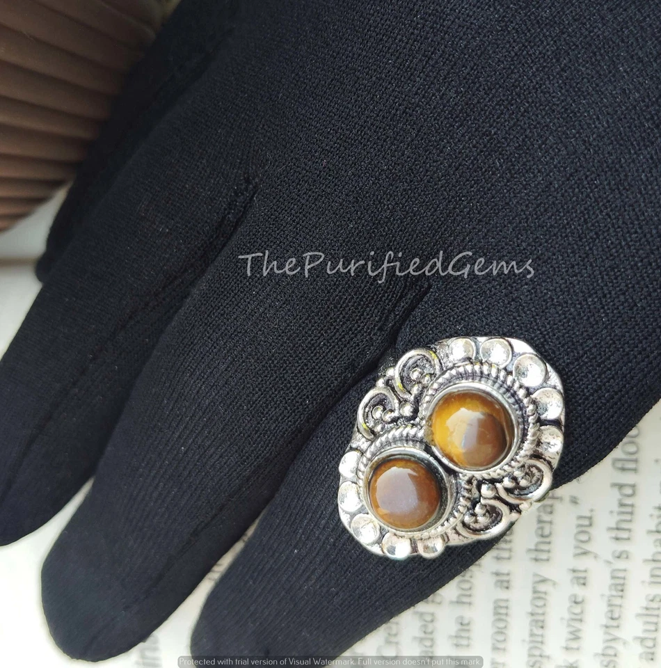 Anillo redondo de piedra ojo de tigre de 8 mm/enchapado en ley 925/anillo hecho a mano/regalo para mujer Foto 3 de 4