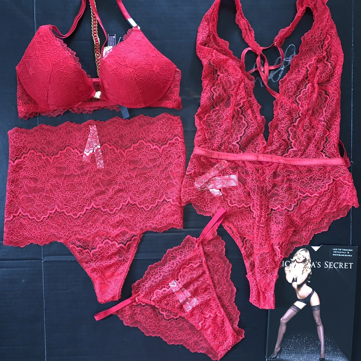 Victoria's Secret 34B BRA SET+high-waist thong+panty+M TEDDY RED