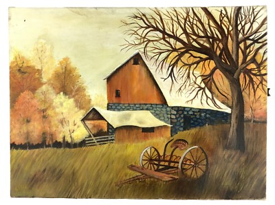 Naive Primitive Folk Art Painting Autumn Scene US Barn Farm Tractor Wagon