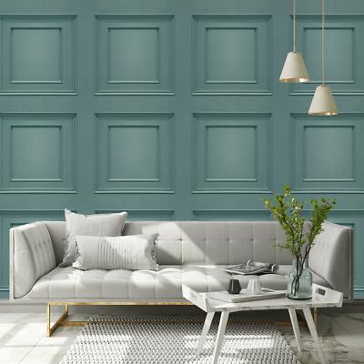 Large Wooden Panel Wallpaper Oliana 3D Effect Modern Panelling Soft Teal 8489