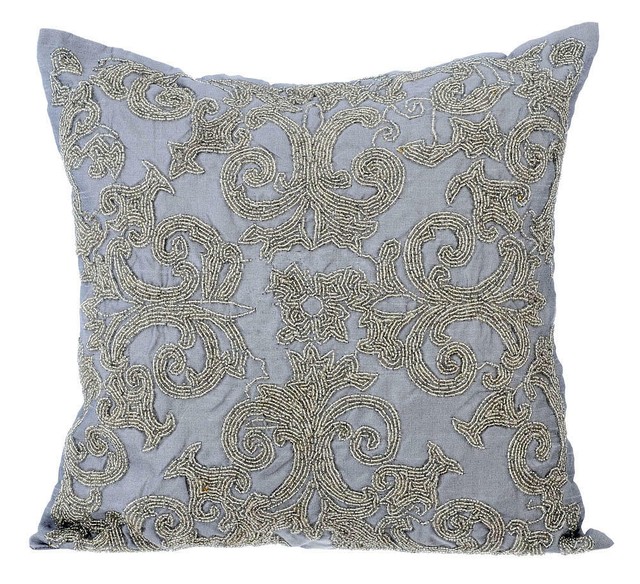 Luxury 12x12 inch Accent Throw Pillow Silver Silk, Bead Silver