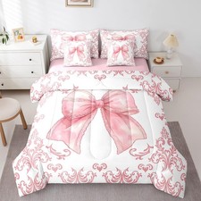 Girls Pretty Ribbon Pink Bow 7 Piece Bedding Set Twin Size Pink Damask Comfor...