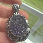 Vintage Sterling Silver .925 Titanium Druzy Filigree Flower Dangle Pendant — photo 1
