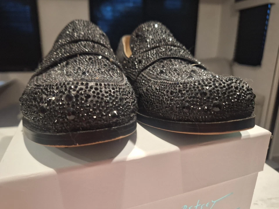 Betsy Johnson Penny Loafers Black Rhinestone Aron Fabric Glass Sparkle Size 8.5M - Image 3 of 4