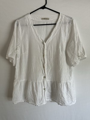 Francesca Bettini Women Italian Linen Top Size L Cottagecore Romantic Ruffle Hem