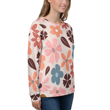 Women's Peach Floral Print Sweatshirt Crewneck Soft Fleece Retro Flowers