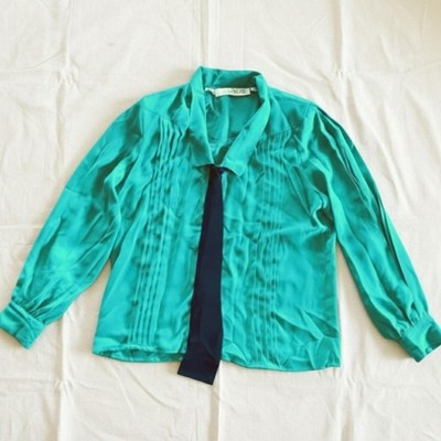 Chaus Vintage Teal Green Sheer Pleated Blouse Women 12 Large