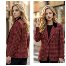 Sag Harbor vintage 90s Sz 10P wool-blend red tartan plaid Velvet Collar blazer