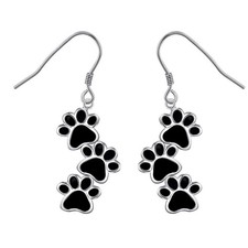 S925 Sterling Silver Jewelry Black Puppy Dog Cat Pet Paw Print Dangle Drop Earri