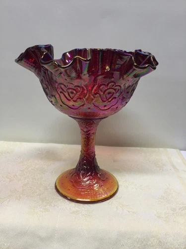 Vintage Fenton Persian Medallion Red Amberina Carnival Glass Compote 6.5"