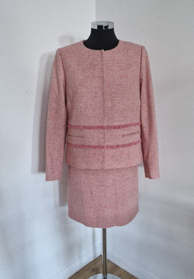 Joules Pink Tweed Suit 10-12 Collarless Jacket Skirt Tailored Wool Blend READ