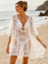 Boho White Lace Tunic Dress Lagenlook Vacation Beach Cover Up One Size