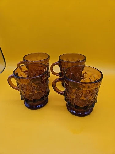 Vintage Set Of  4 Anchor Hocking Fire King Kimberly Amber Mugs Excellent Cond
