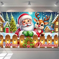 Merry Christmas Santa Reindeer Banner 71x43 Inches Merry Christmas Tree Scene...