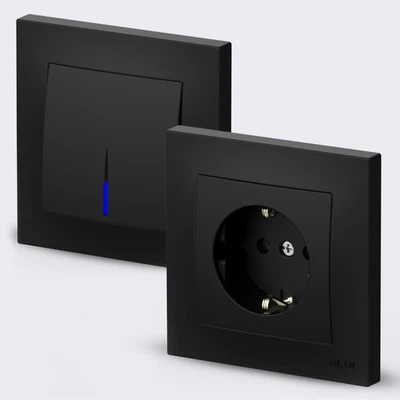 EL-BI Schuko Steckdose,Steckdosen, Wechselschalter, Dimmer, Lichtschalter VEGA Schwarz