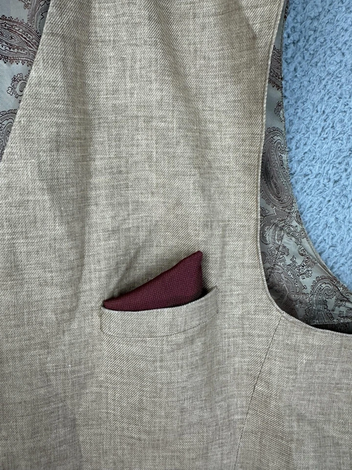 Silversilk Vest Mens 2XL Tan Beige Linen Blend Paisley Lined 5-Button Back Strap - Image 4 of 4