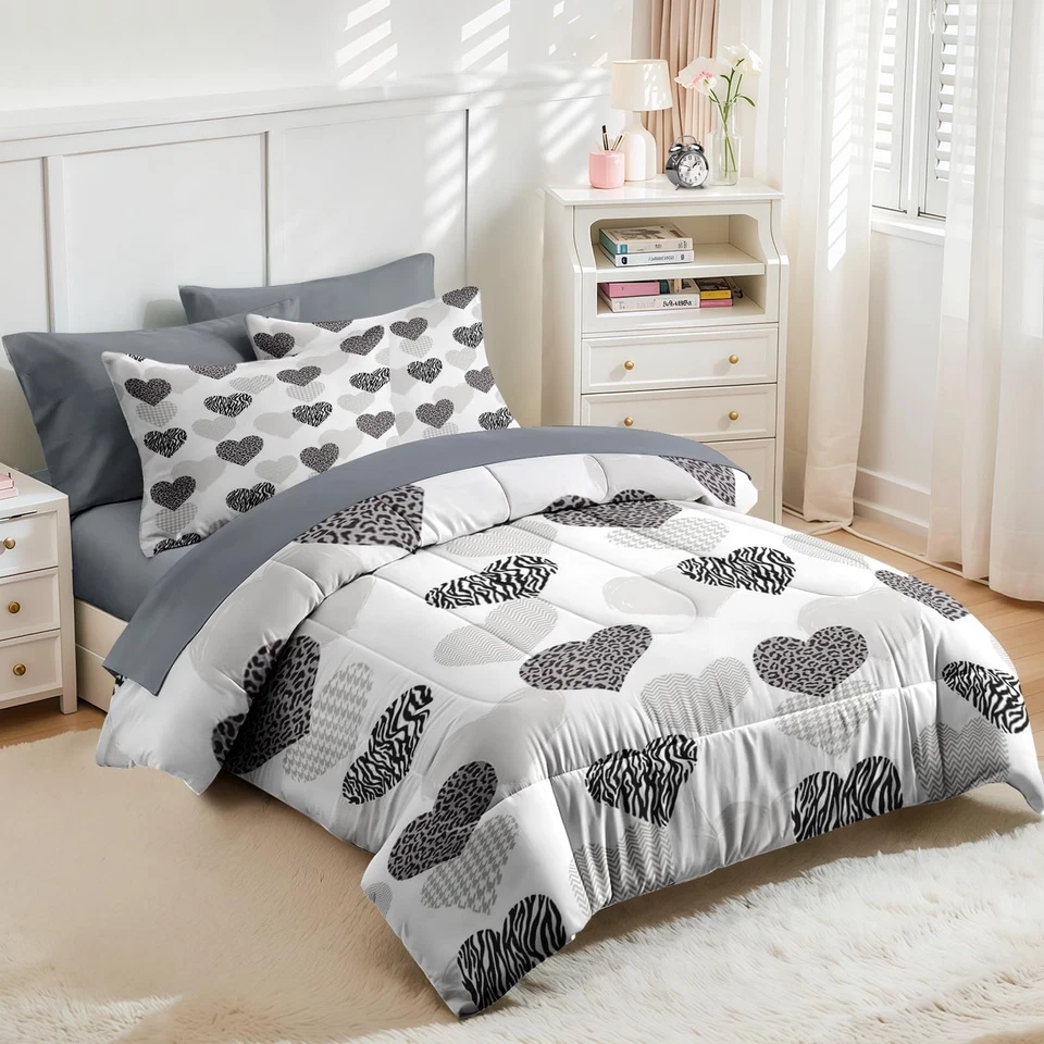 Juego de edredón de 5 piezas tamaño doble, gris blanco lindo corazón juego de cama para niños y... Foto 4 de 4
