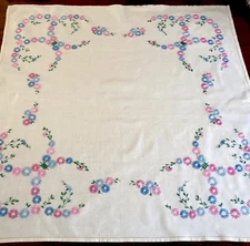 Vintage Hand Embroidered Buttercream Linen Tablecloth 41x42 Inches