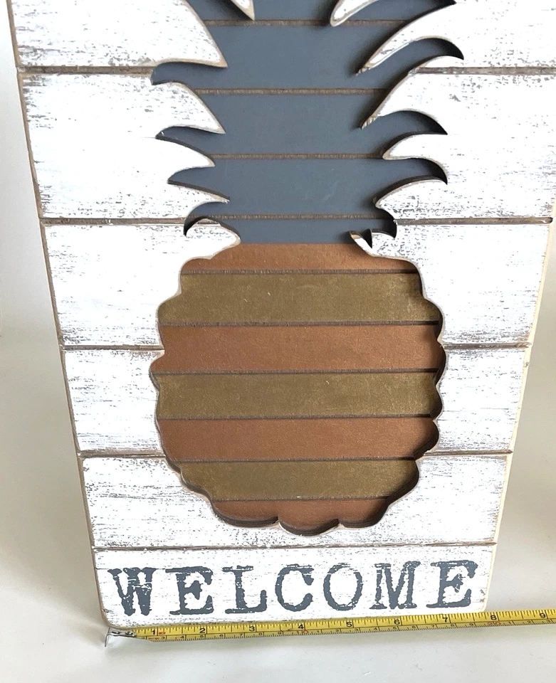 Primitive Whitewashed Wooden Pineapple Welcome Sign  Decor - Image 3 of 4