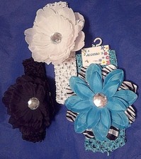 3 GIRLS BABY HEADBAND White Blue Black Jeweled Flower 1.5"  2.5" Stretch NEW