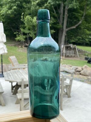 #ad 1800s TEAL GREEN Whiskey 3Pc Mold Tooled Lip 19c Pre Prohibition Whiskey Bottle $218.02