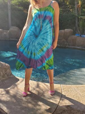 Resort Wear Hand Tie-Dye Aqua-Blue Cotton-Light&frasl;Flowy,Midi&frasl;Maxi