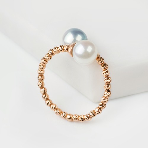 Anillo doble de perlas de mar Akoya de 6,5-6,8 mm oro rosa sólido ajustable con memoria - Imagen 3 de 6