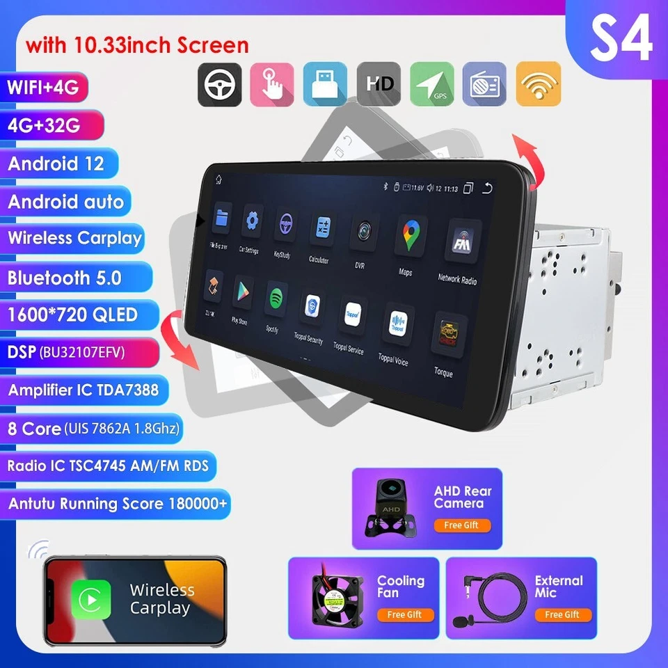 4+32G Double 2DIN Rotatable 10.3'' Android 12 Touch Car Stereo Radio GPS Wifi BT - Image 3 of 4