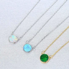925 Sterling Silver Round Disc Opal Pendant Necklace Choker 7mm Box 16-18" PE56