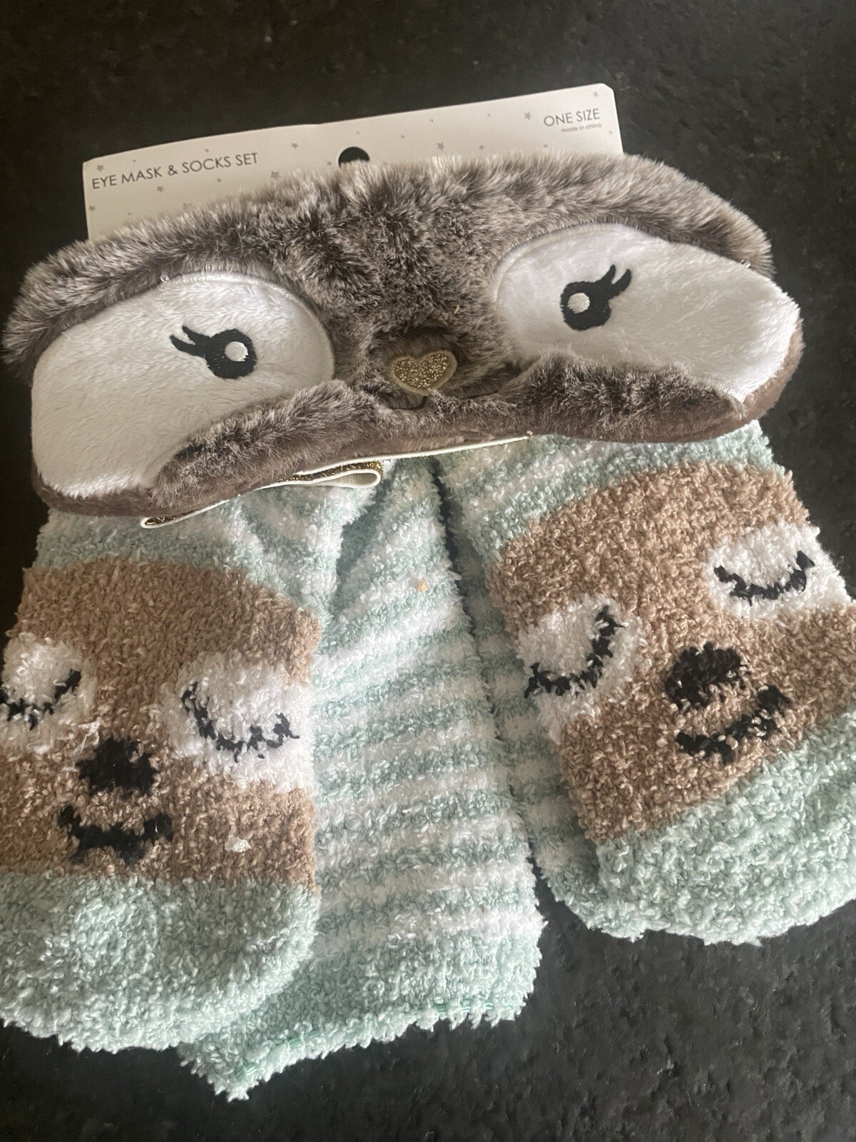 Cozy Sloth Eye Mask & Sock Set for Women in Brown & Mint One Size-image