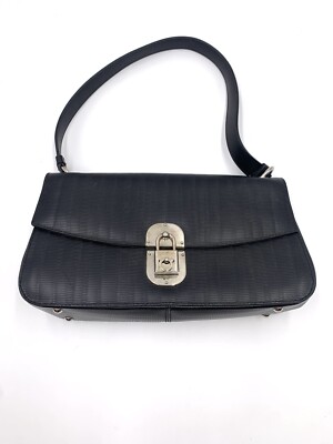 Auth Vtg Salvatore Ferragamo Black Embossed Baguette Silver Hardware Bag  Ex+