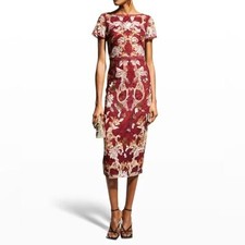 Marchesa Notte Bateau-Neck Embroidered Tea-Length MIDI Dress