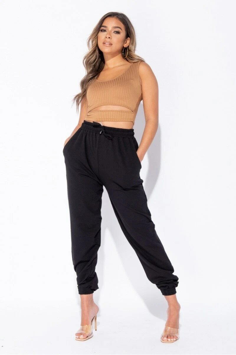 New Women s Black Tie Waist Oversized Joggers 6 8 10 12 14