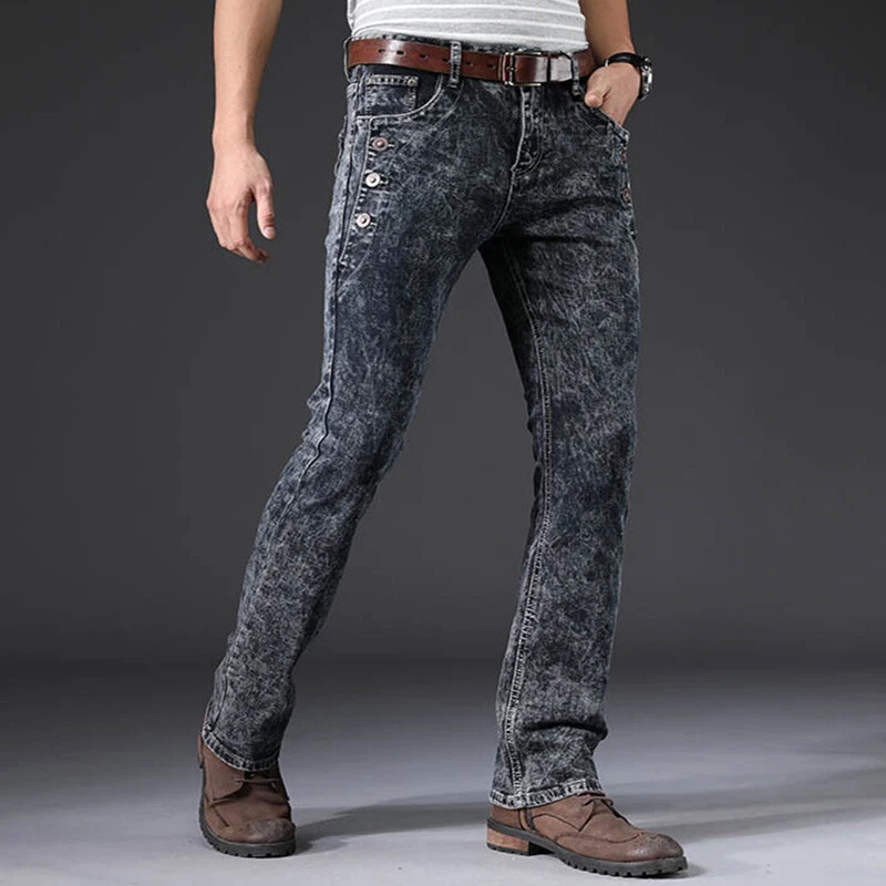 Men Distressed Denim Pants Stretch Slim Bootcut Jeans Trousers Button  Detail Fit