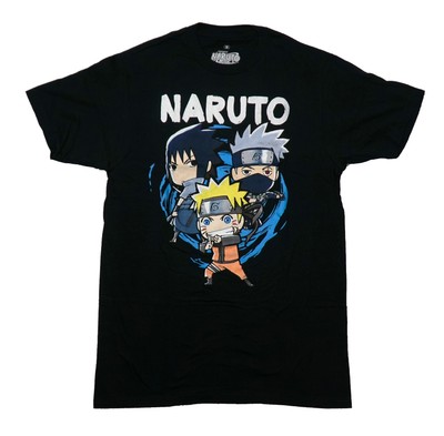 Naruto Shippuden  New Adult T-Shirt -Chibi Trio Under Name Over Blue Windy