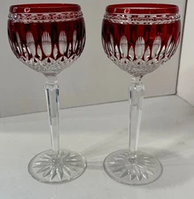 Vtg Pair of Waterford Crystal Clarendon Ruby Red Cut to Clear Wine Hock Glasses