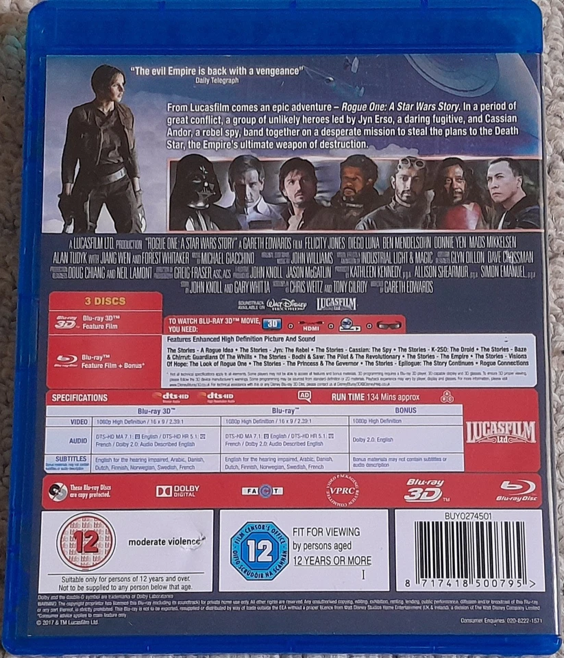 ROGUE ONE A STAR WARS STORY BLU-RAY 3D + 2D 3 DISC SPECIAL EDITION - Image 2 of 2